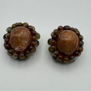 Vintage LCI Clip-On Earrings Crackle Resin Beaded Border 1”